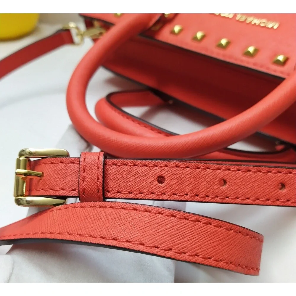 Michael Kors Selma Red Saffiano Leather Studded Top Handle Satchel Shoulder Bag